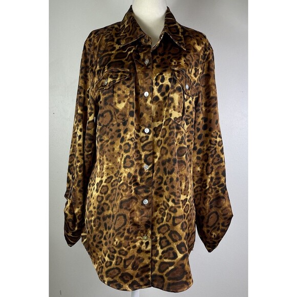Ruby Rd Liquid Knit Long Sleeve Blouse 12 Leopard Animal Print Shiny Roll Tab - Picture 1 of 11